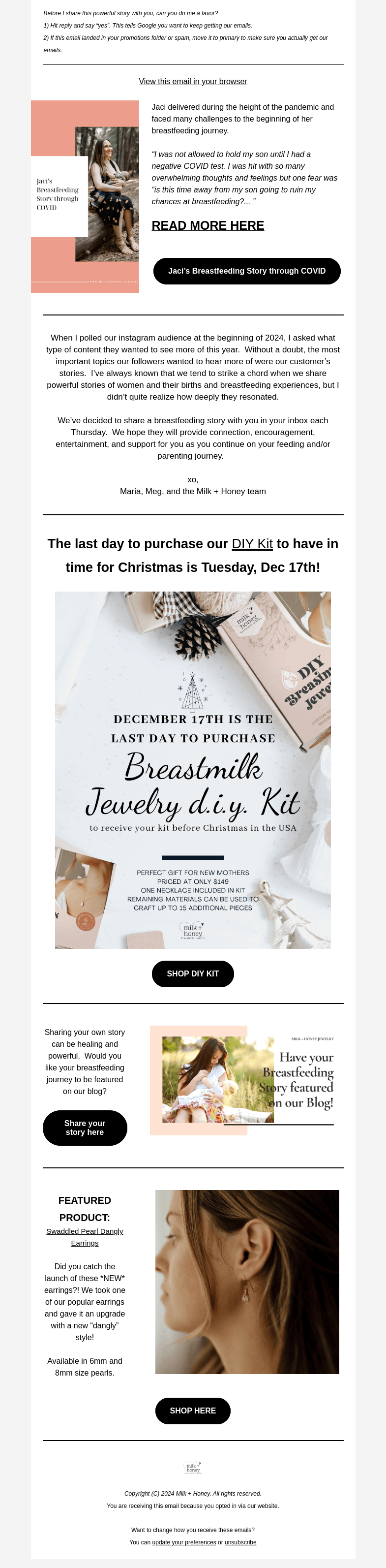 Письмо компании «Milk + Honey Jewelry» на тему «Breastfeeding through COVID»