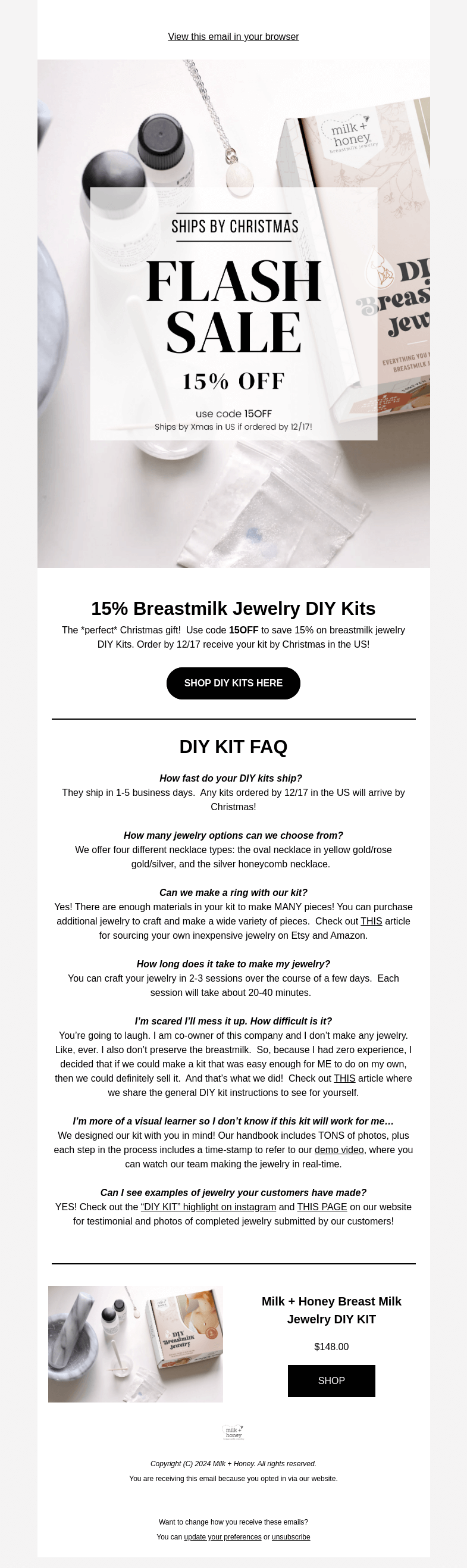Письмо компании «Milk + Honey Jewelry» на тему «Ships by Xmas: 15% off DIY KITS»