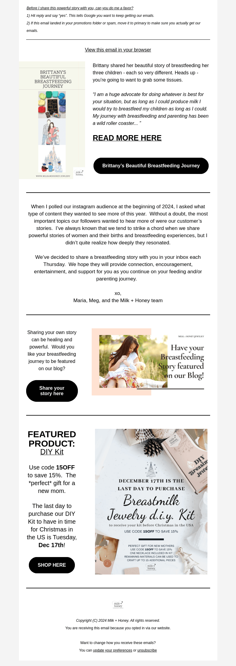 Письмо компании «Milk + Honey Jewelry» на тему «When breastfeeding ends abruptly...»