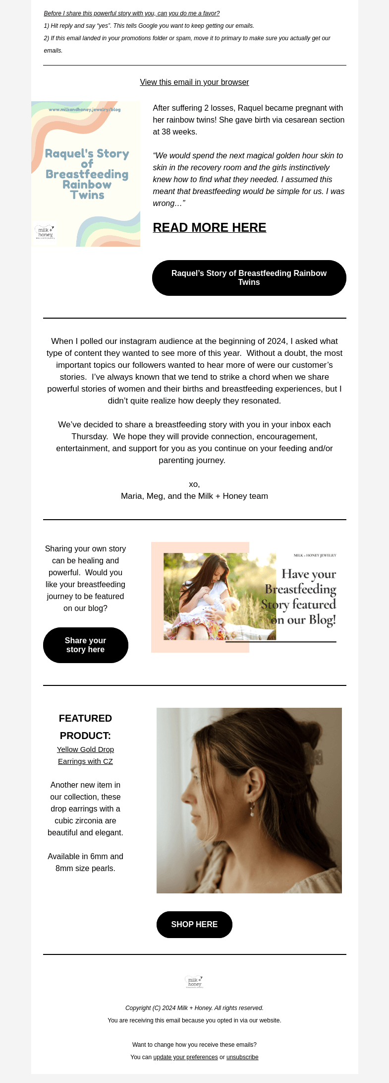Письмо компании «Milk + Honey Jewelry» на тему «Breastfeeding twins after miscarriage...»