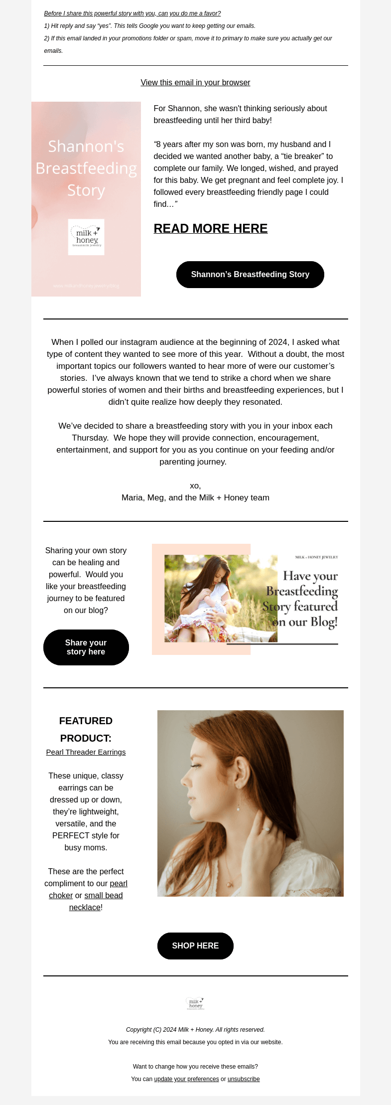 Письмо компании «Milk + Honey Jewelry» на тему «Her first time breastfeeding was her third baby!»