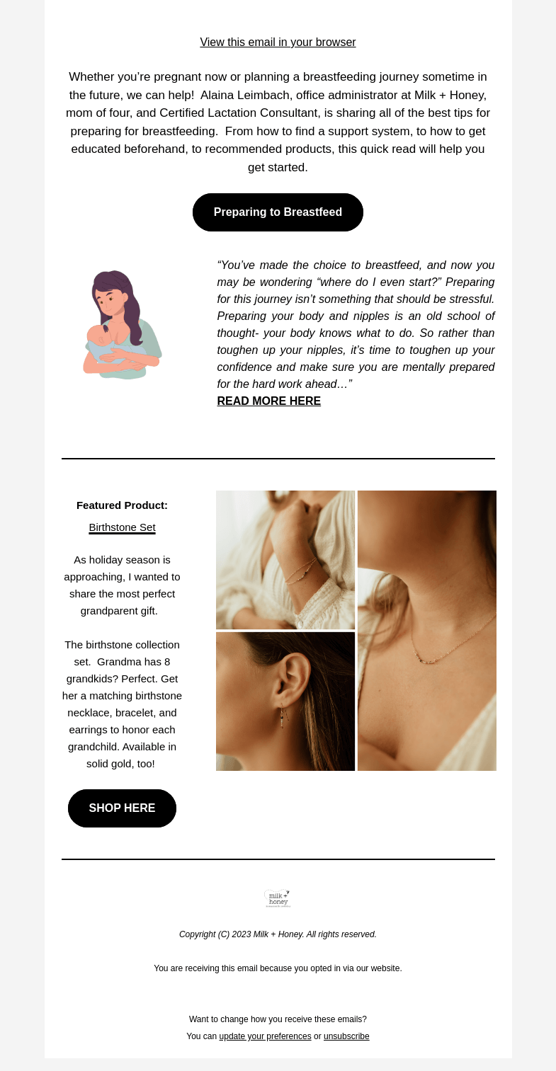 Письмо компании «Milk + Honey Jewelry» на тему «Preparing to Breastfeed? Read this!»