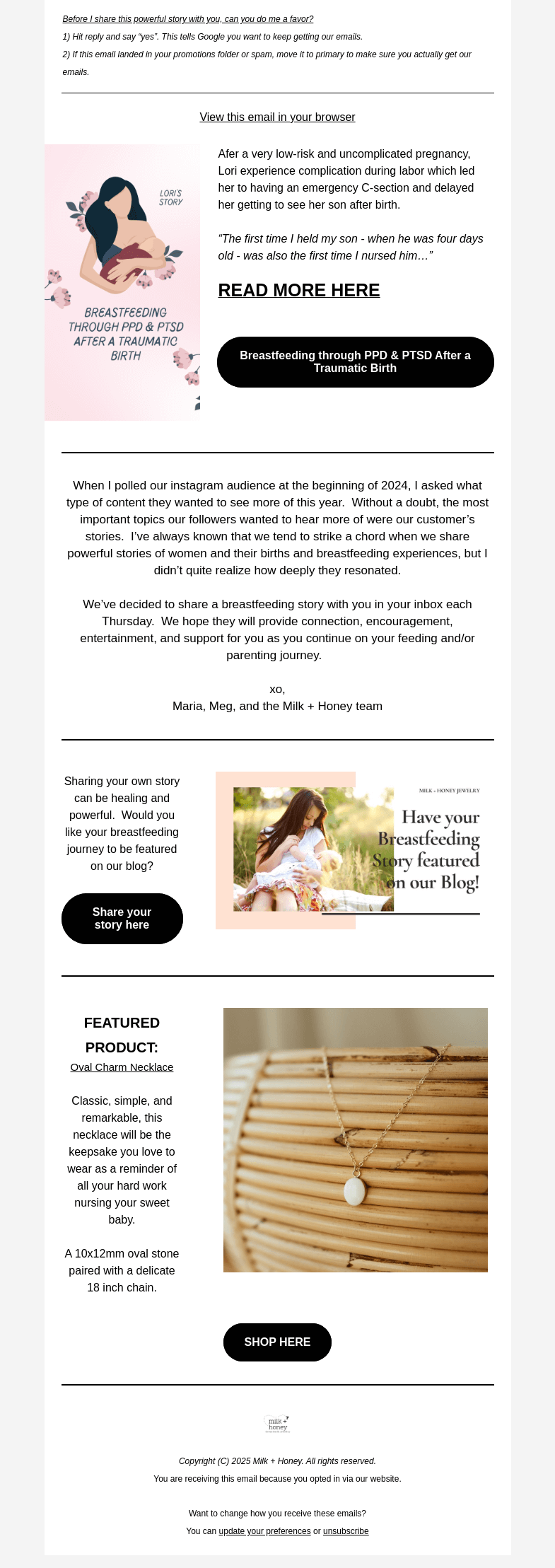 Письмо компании «Milk + Honey Jewelry» на тему «Breastfeeding After Emergency C-Section»