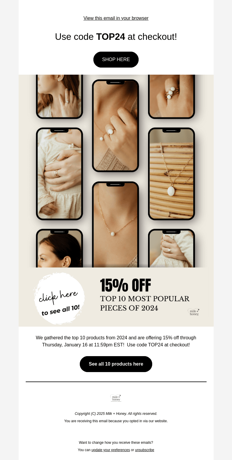 Письмо компании «Milk + Honey Jewelry» на тему «15% OFF our TOP products from 2024»