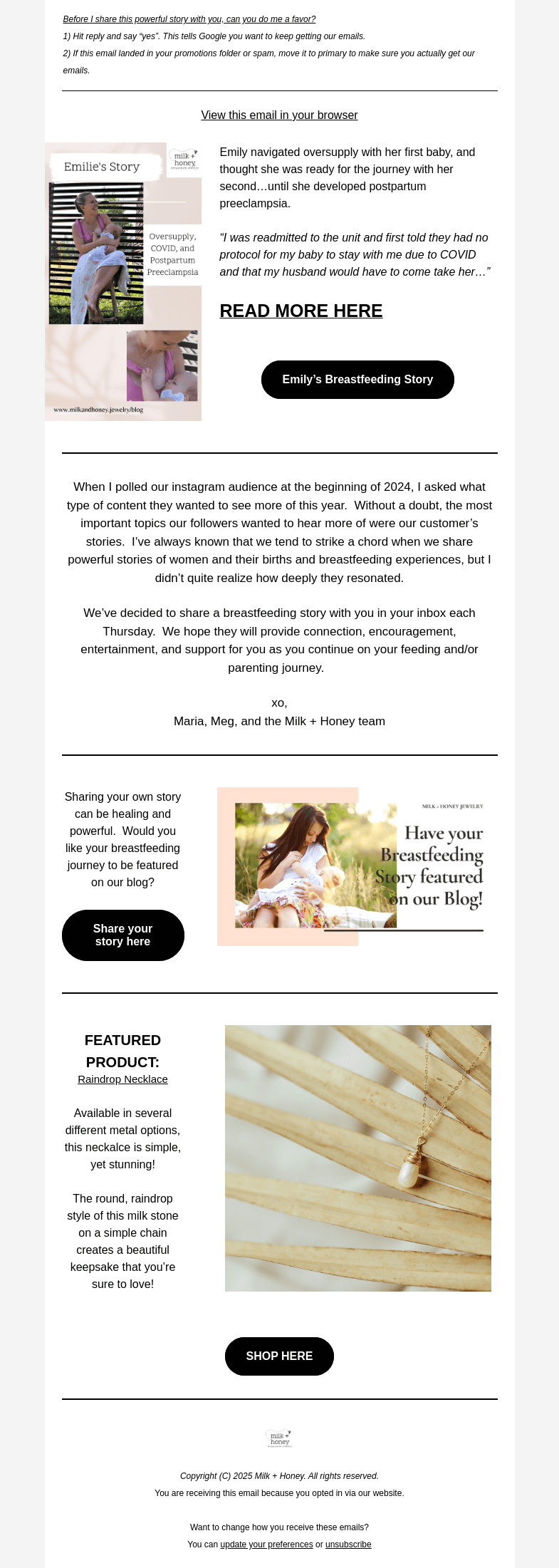 Письмо компании «Milk + Honey Jewelry» на тему «Postpartum Pre-Eclampsia during COVID!»