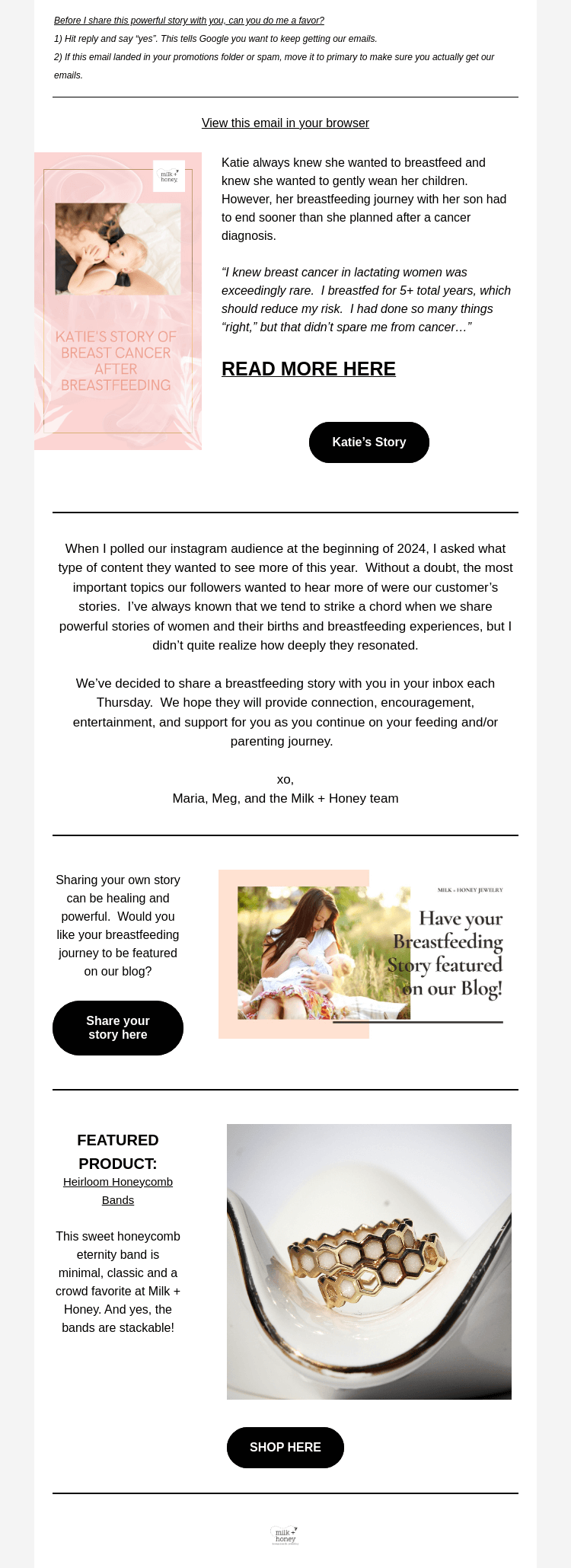 Письмо компании «Milk + Honey Jewelry» на тему «A Cancer Diagnosis While Breastfeeding»
