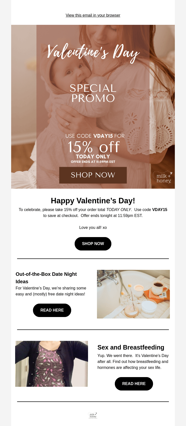 Письмо компании «Milk + Honey Jewelry» на тему «TODAY ONLY: 15% off for Valentine's Day»