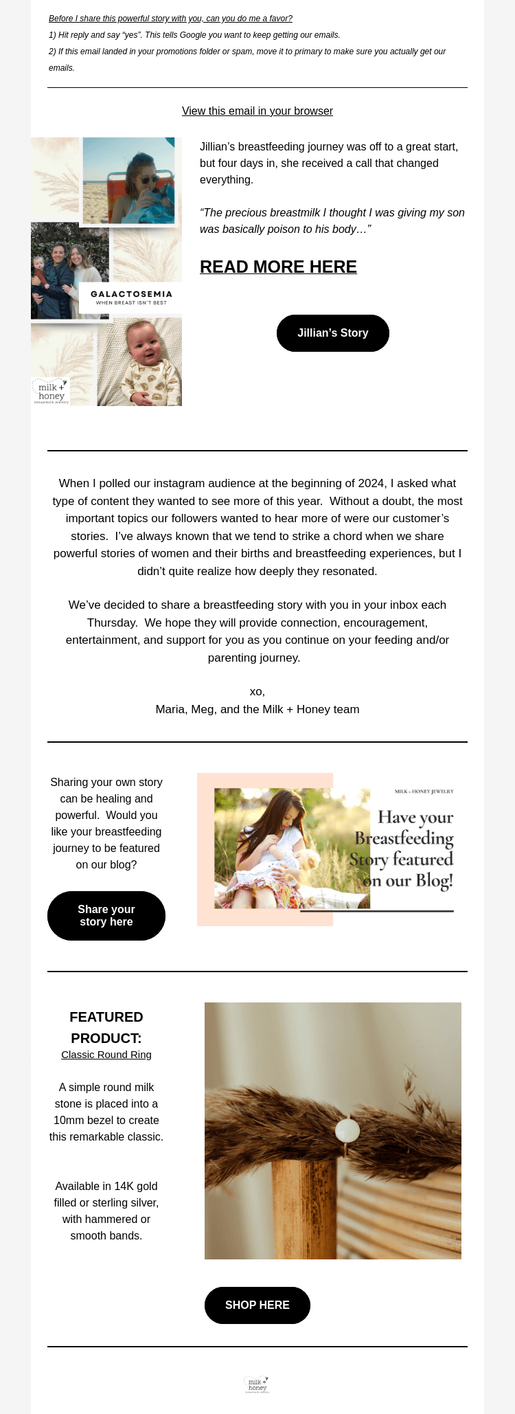 Письмо компании «Milk + Honey Jewelry» на тему «Galactosemia - When Breast Isn’t Best»