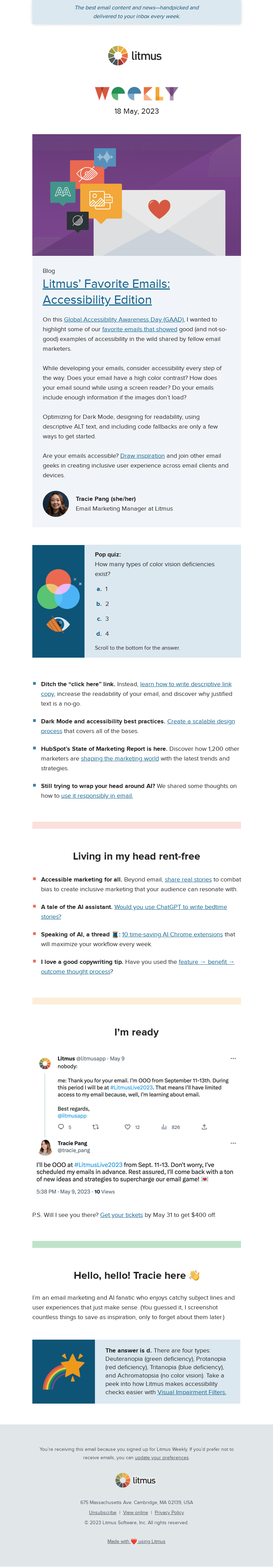 Письмо компании «Litmus» на тему «Accessible emails we love, using AI responsibly in email,
 data-packed marketing insights, and more.»