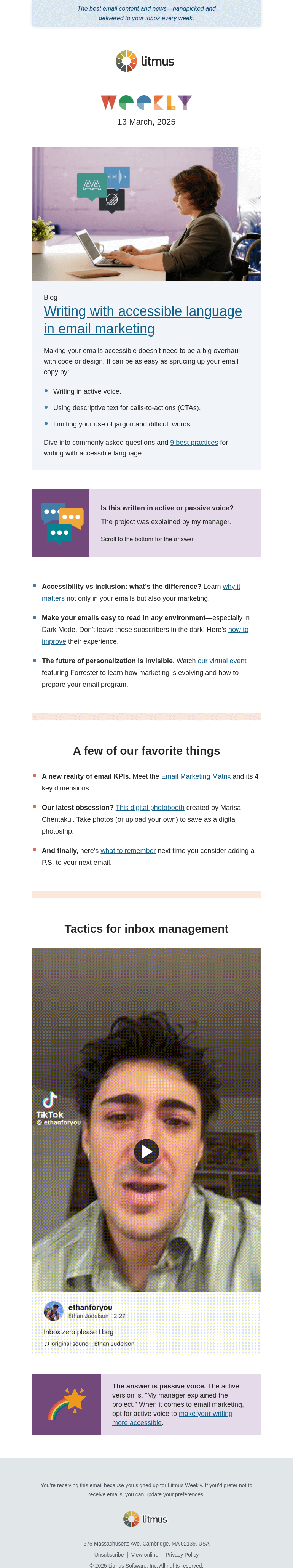 Письмо компании «Litmus» на тему «Accessible language, the Email Marketing Matrix, and social media
 for email marketers»