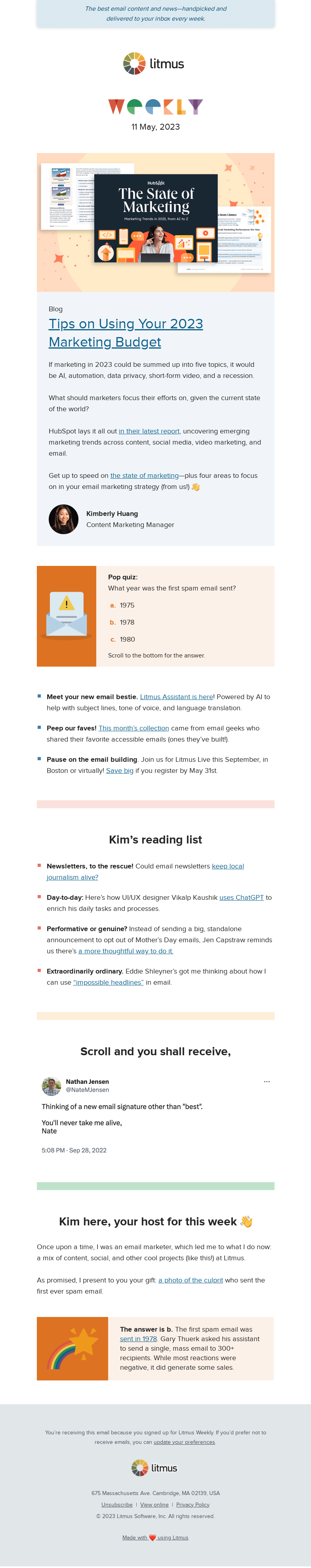 Письмо компании «Litmus» на тему «Make the most of your marketing budget, say hello to your new email
 bestie, our favorite emails, and more»
