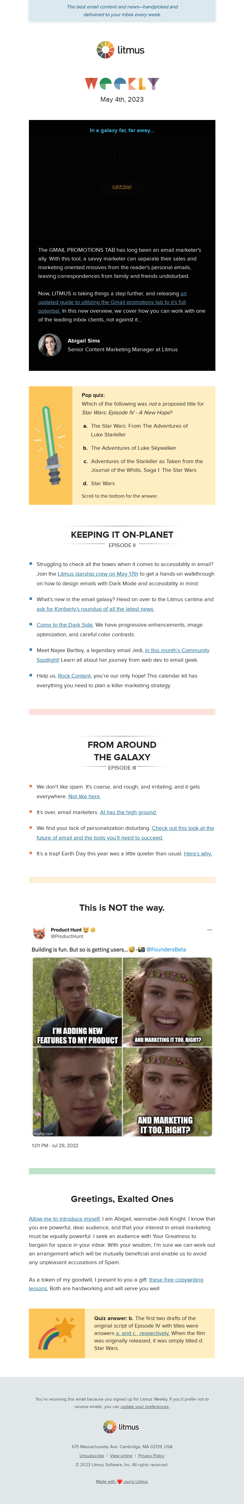 Письмо компании «Litmus» на тему «The Force is strong with the Gmail promotions tab, April email
 headlines, and more»