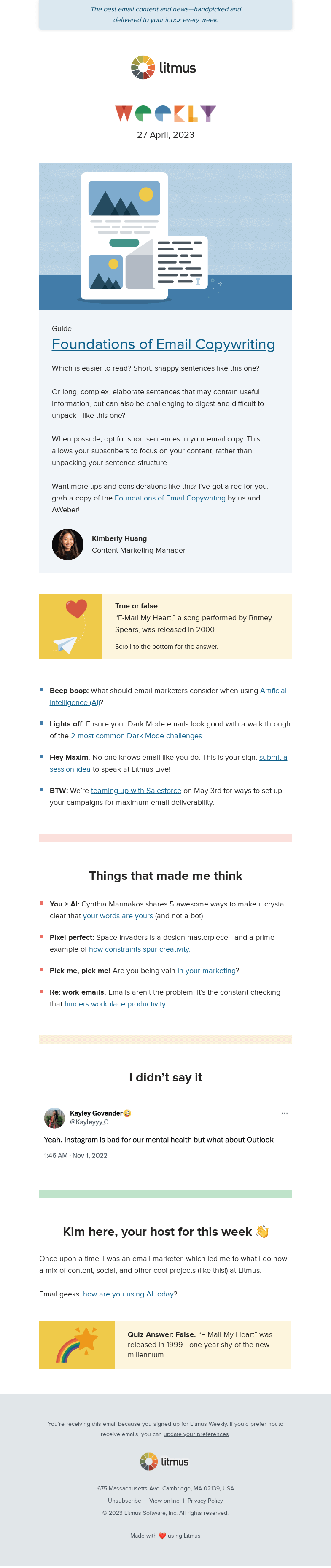 Письмо компании «Litmus» на тему «Email copywriting 101, how to maximize email deliverability, AI in
 email, and more»
