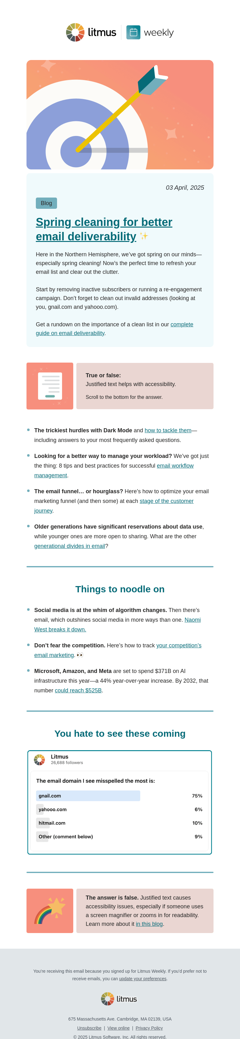 Письмо компании «Litmus» на тему «Tidy up your email list, generational divides on email privacy, and
 more»
