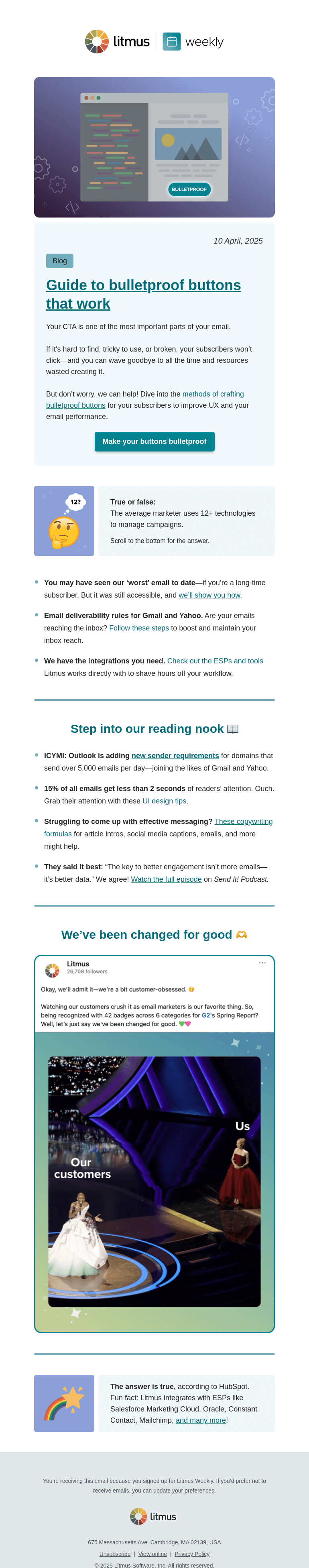 Письмо компании «Litmus» на тему «Are your email buttons bulletproof? Plus, Outlook’s new sender requirements and more»