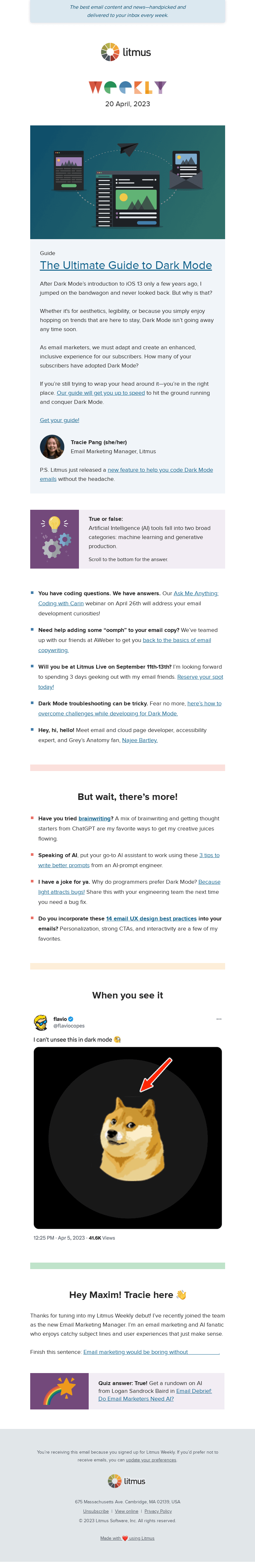 Письмо компании «Litmus» на тему «Get the ultimate guide to Dark Mode, go back to email copywriting
 basics, and more.»