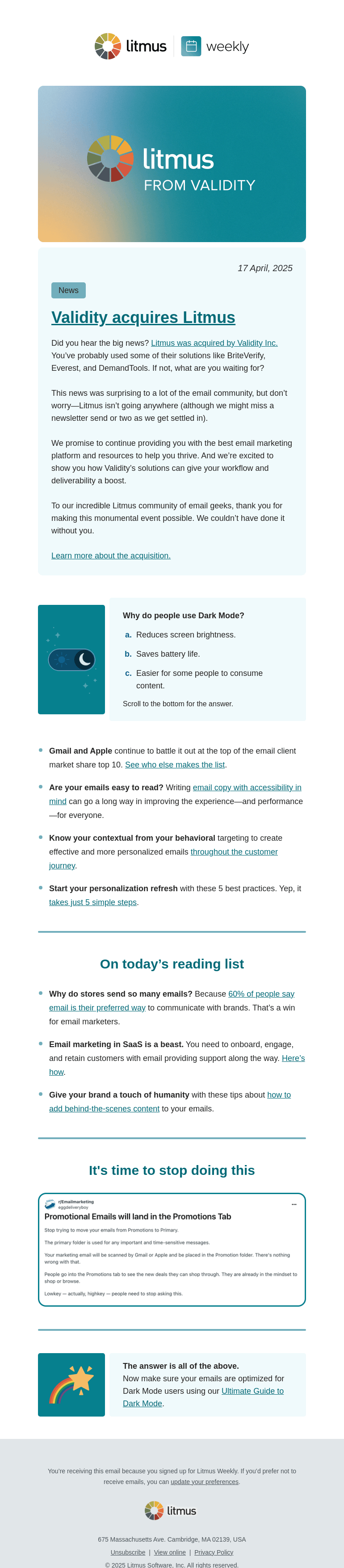 Письмо компании «Litmus» на тему «Acquisition alert, learn how to write accessible email copy, and
 more»