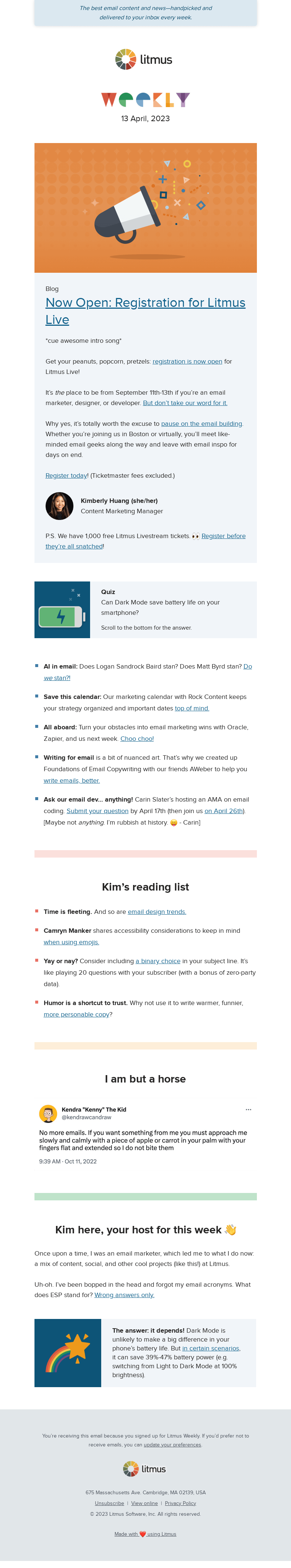 Письмо компании «Litmus» на тему «AI in email marketing, get your Litmus Live ticket, how to turn
 obstacles into email wins, and more»