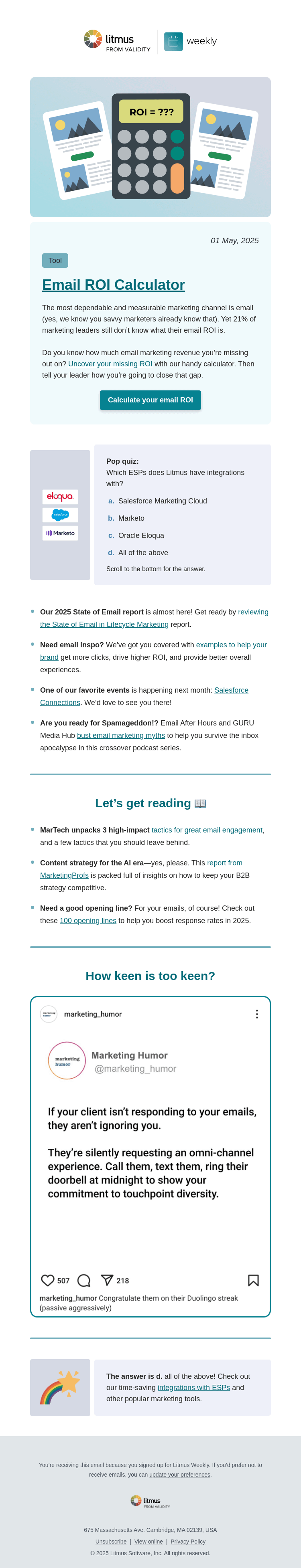 Письмо компании «Litmus» на тему «An ROI calculator, the best email inspo, 100 opening lines, and
 more»