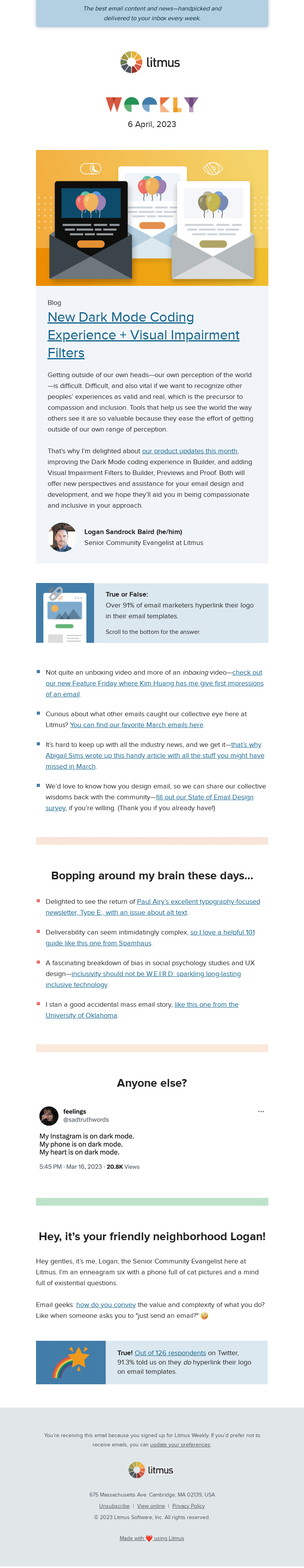 Письмо компании «Litmus» на тему «Catch up on the biggest email headlines, helping bring inclusivity
 to your emails, and more»