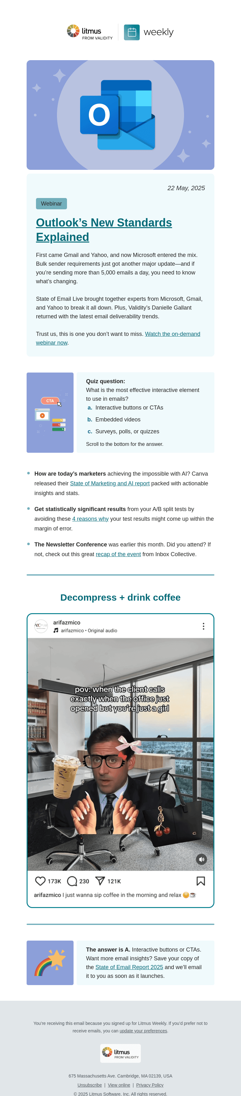 Письмо компании «Litmus» на тему «Outlook’s new standards, Salesforce Connections, A/B split tests, and more»