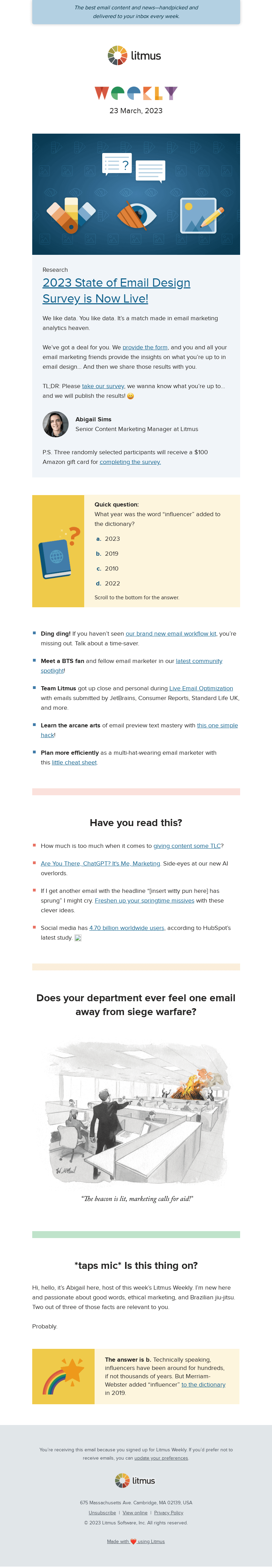 Письмо компании «Litmus» на тему «Lend us your insights, save time with our workflows toolkit, some
 spring-spiration, and more»