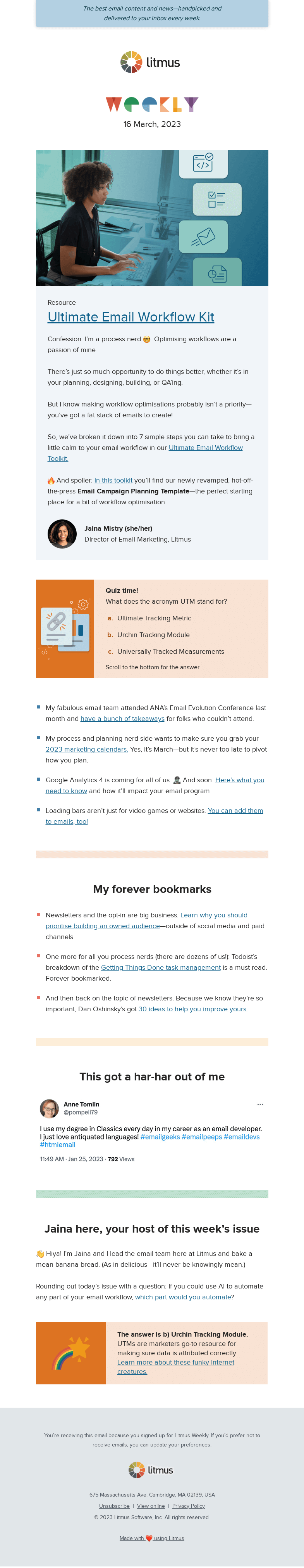 Письмо компании «Litmus» на тему «Nerd out about workflows with our new toolkit, get the lowdown on
 GA4, and more»