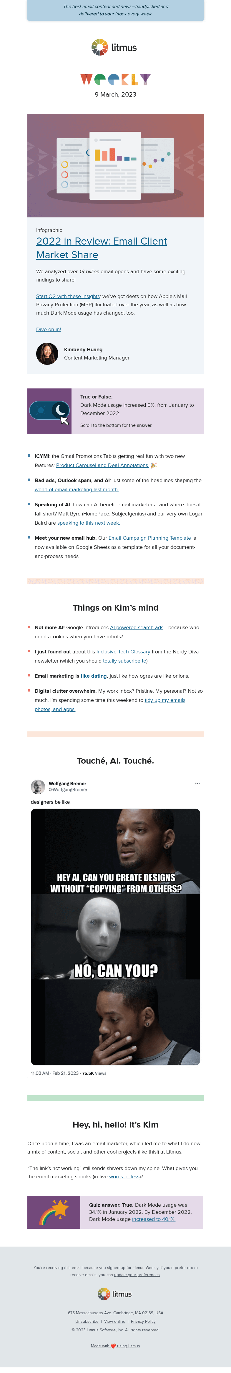 Письмо компании «Litmus» на тему «The most popular email clients of 2022, Gmail promo tab updates,
 and more»