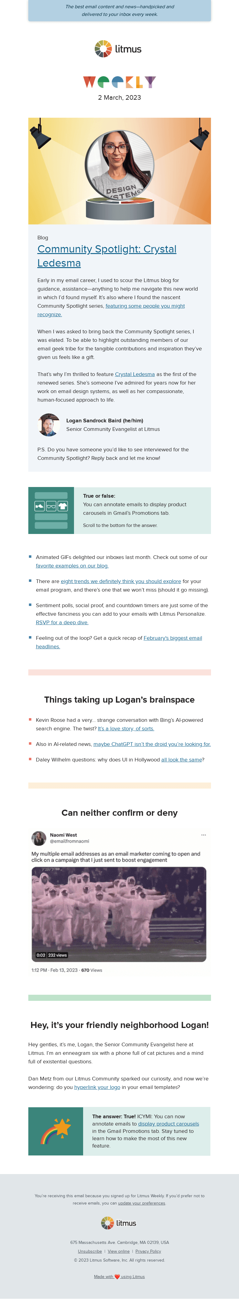 Письмо компании «Litmus» на тему «Spotlighting the email community, our favorite emails, and the
 biggest email headlines from last month»