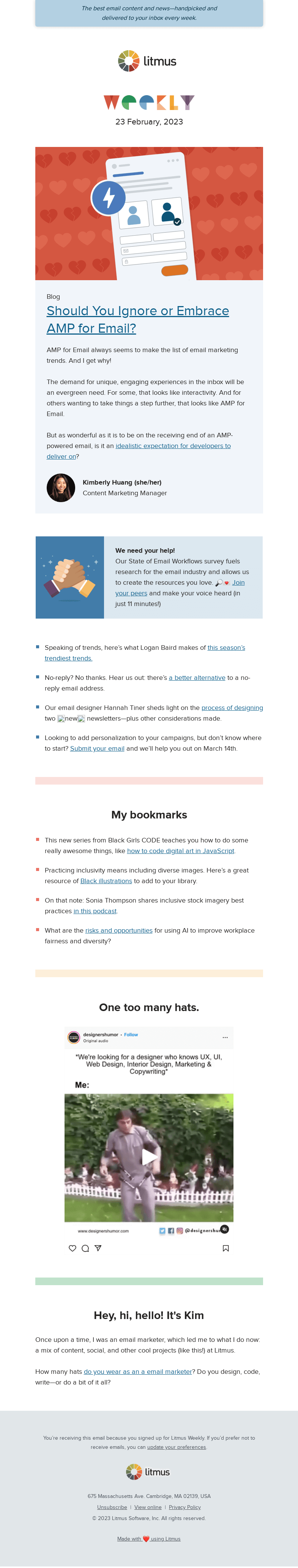 Письмо компании «Litmus» на тему «Embrace (or ignore) AMP for Email, the process behind designing an
 email, and more»