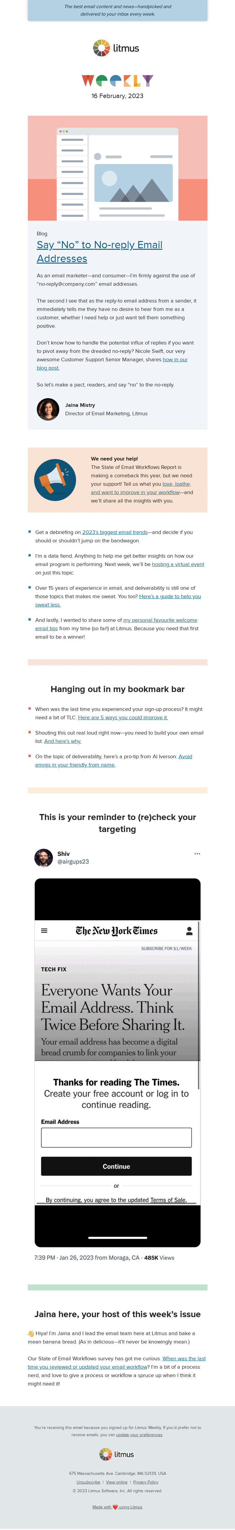 Письмо компании «Litmus» на тему «Why we say "no" to the no-reply, 4-steps to better deliverability,
 and more»