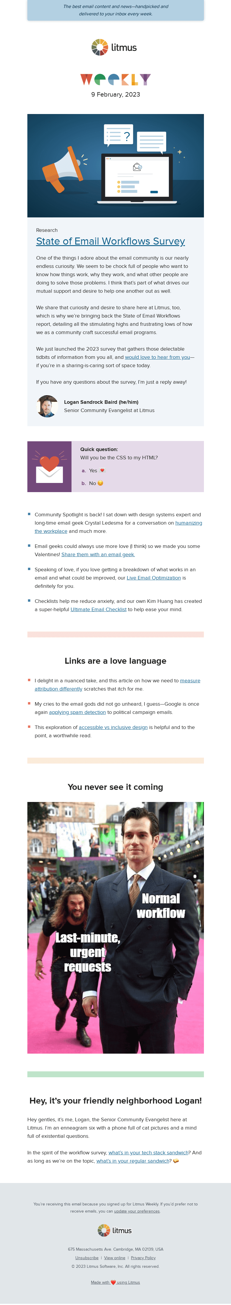 Письмо компании «Litmus» на тему «Email marketing love letters, introducing the Community Spotlight,
 insights about your workflow, and more»