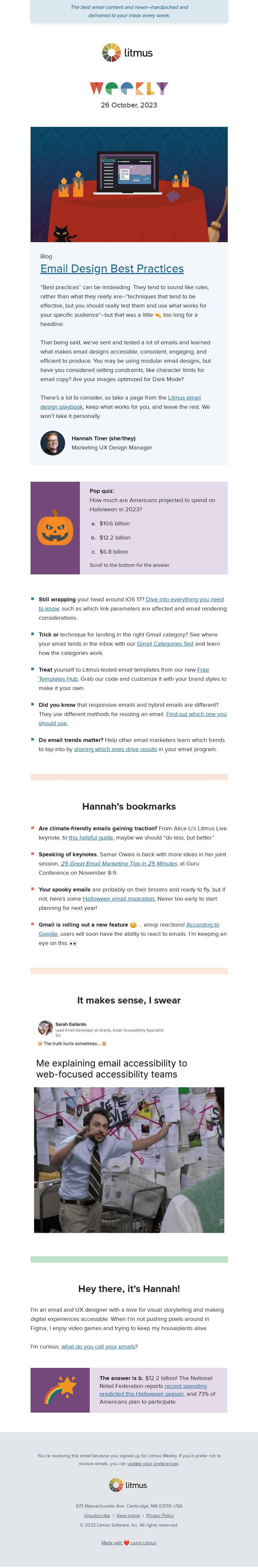 Письмо компании «Litmus» на тему «Scary good email design, test where your email lands in Gmail, and
 more»