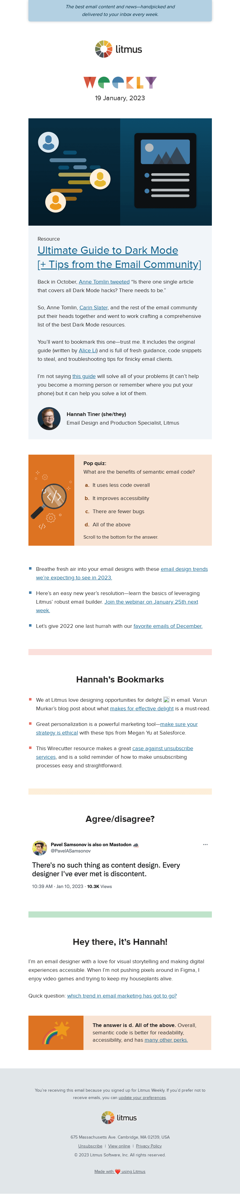 Письмо компании «Litmus» на тему «Solve your Dark Mode problems, discover 2023’s email design trends, and more»