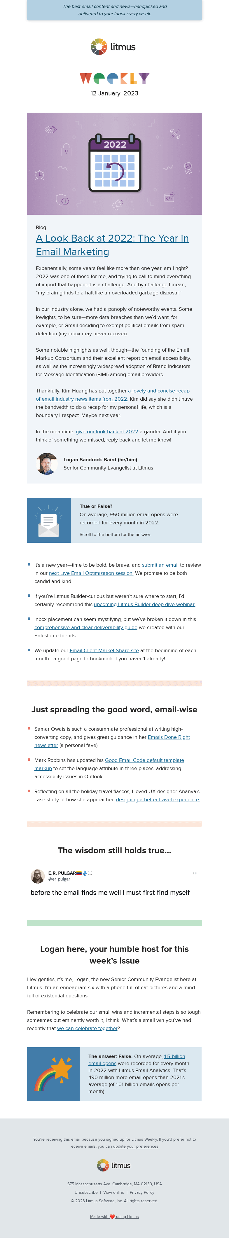 Письмо компании «Litmus» на тему «A look back at the email industry in 2022, get feedback (from us!)
 on your emails, and more»