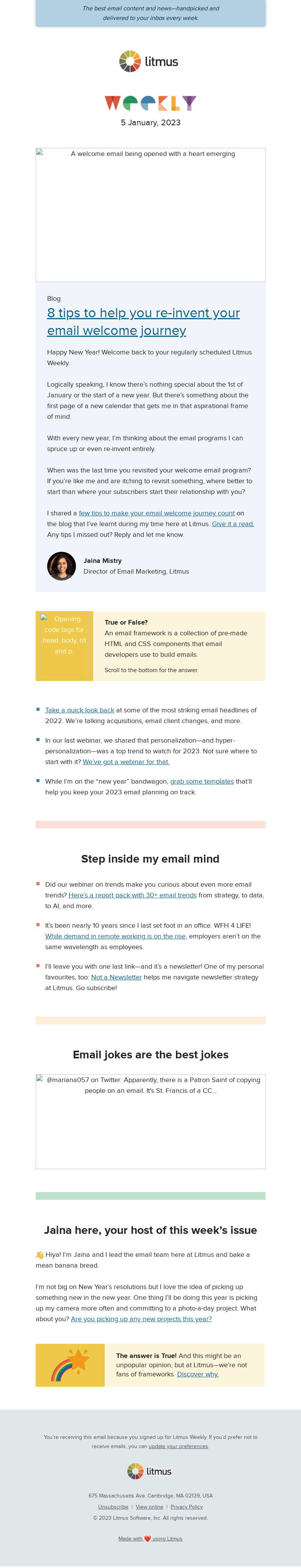 Письмо компании «Litmus» на тему «Tips to spruce up your welcome emails, email designs, and more»