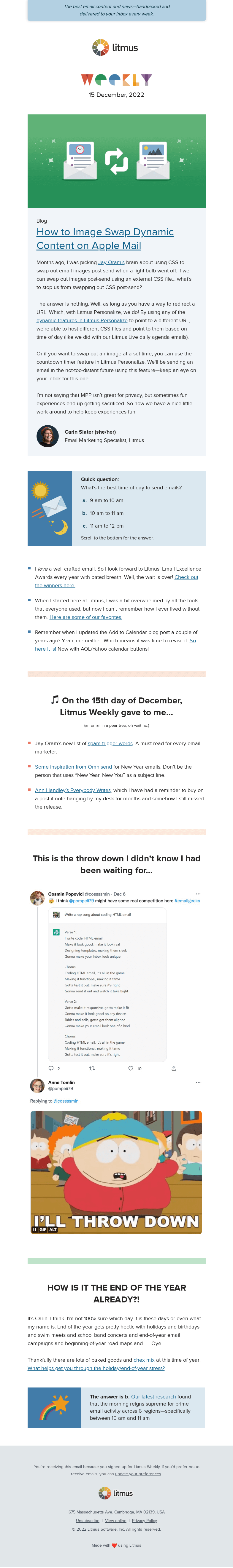 Письмо компании «Litmus» на тему «Explore image swapping dynamic content for email, learn what makes
 an award-winning email, and more»