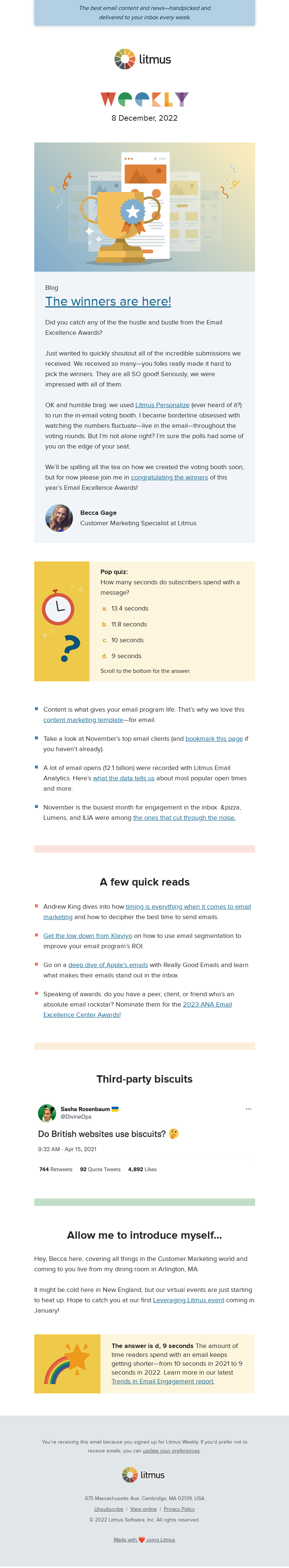 Письмо компании «Litmus» на тему «The key to a great welcome series, see the Email Excellence Award
 winners, and more»