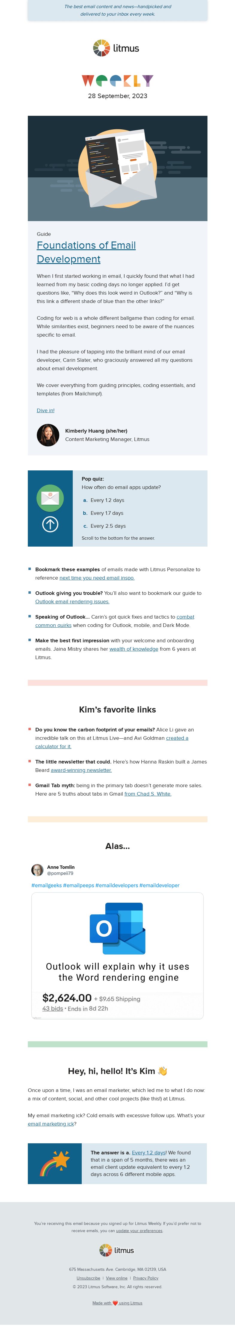 Письмо компании «Litmus» на тему «Email development for beginners, email examples to bookmark, and
 more»