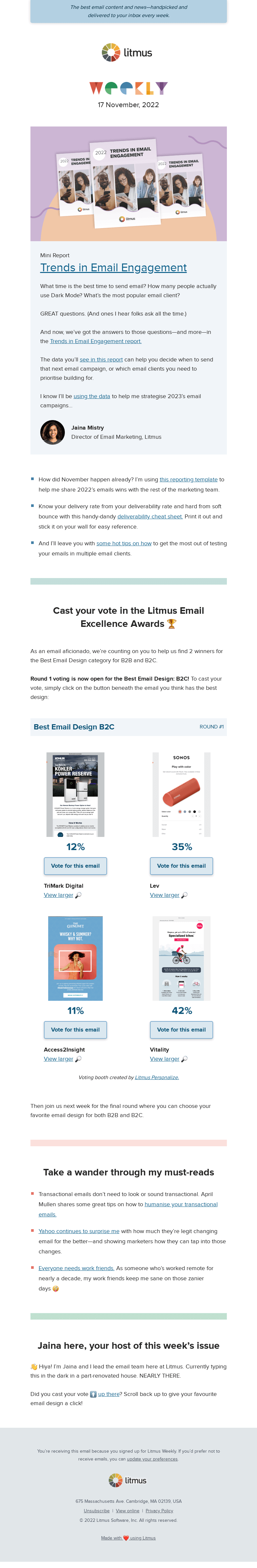 Письмо компании «Litmus» на тему «Vote for your fave email design, know the best time to send email,
 and more»