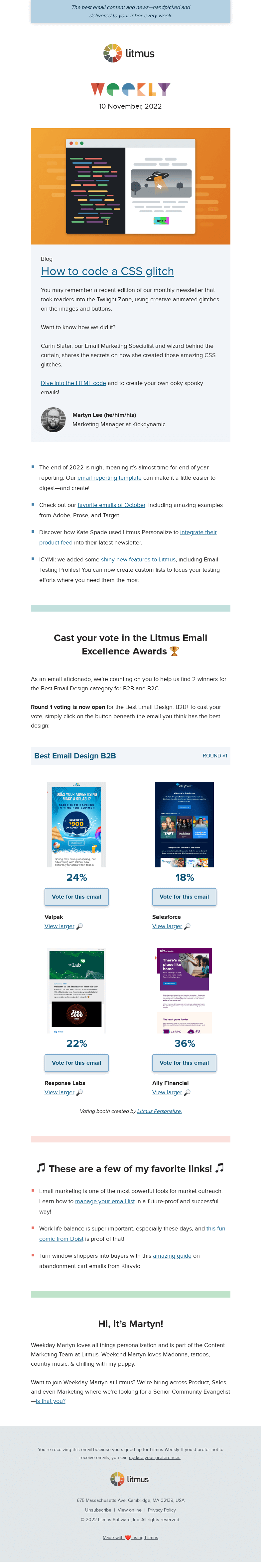 Письмо компании «Litmus» на тему «Creating image glitch effects in email, vote in the Email
 Excellence Awards, and more»