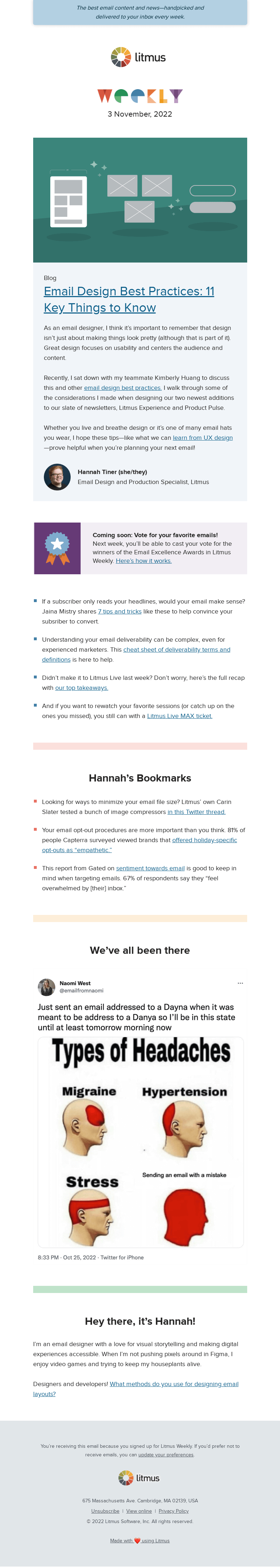 Письмо компании «Litmus» на тему «Email design best practices, download your email deliverability
 cheat sheet, and more»