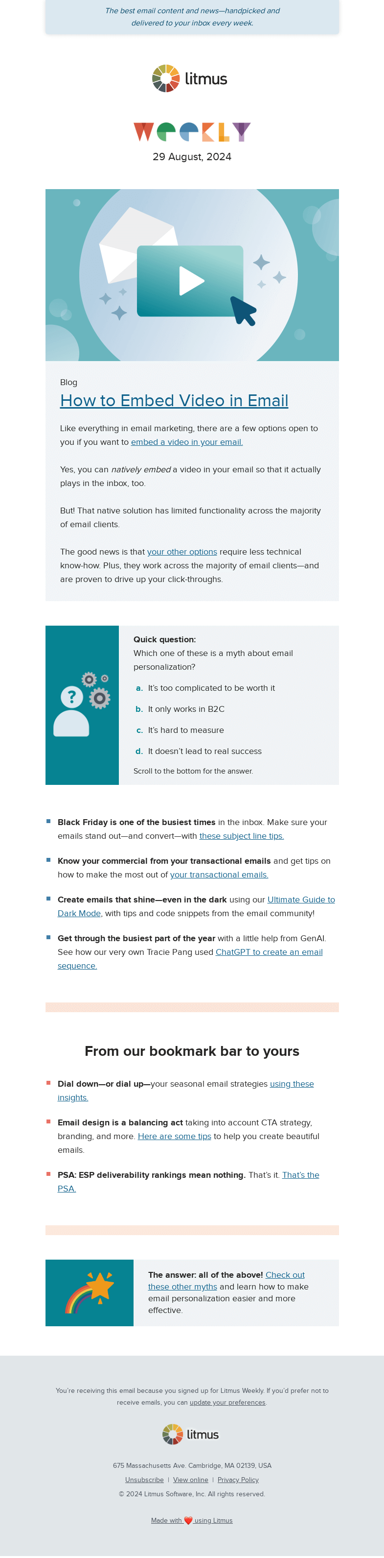 Письмо компании «Litmus» на тему «Learn how to add video to email, get ahead with Black Friday
 subject line inspiration, and more»