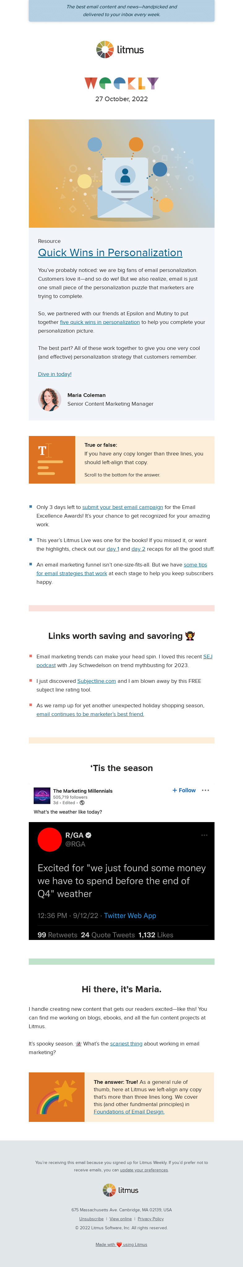 Письмо компании «Litmus» на тему «How to keep your subscribers happy, a quick look back at Litmus
 Live, and more»