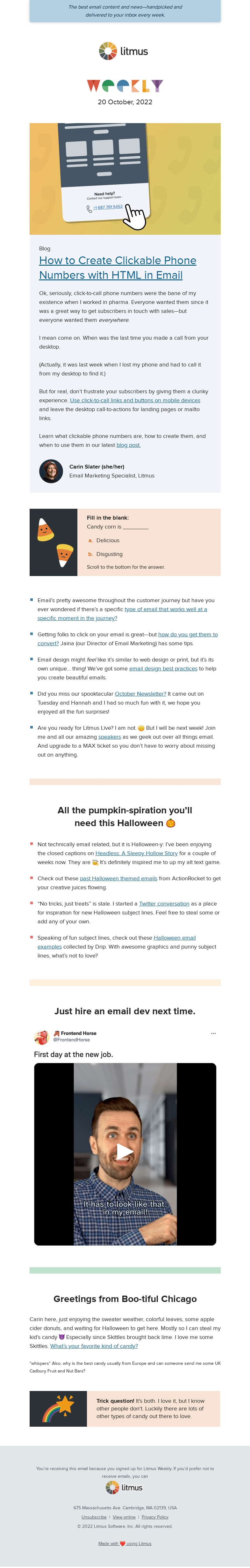 Письмо компании «Litmus» на тему «How to make phone numbers clickable, email design best practices
 you should steal, and more»