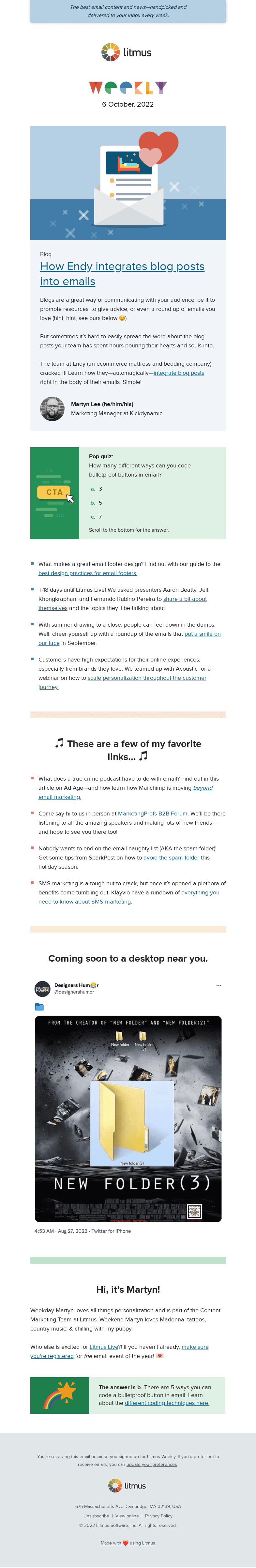 Письмо компании «Litmus» на тему «Dynamic blog posts—in email, be inspired by our faves of the month, learn email footer best practice»
