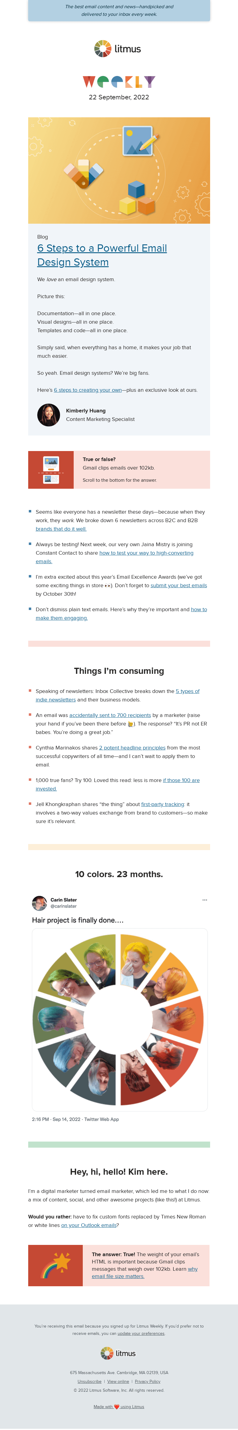 Письмо компании «Litmus» на тему «6 steps to a powerful email design system, newsletter examples
 (plus why they work), and more»