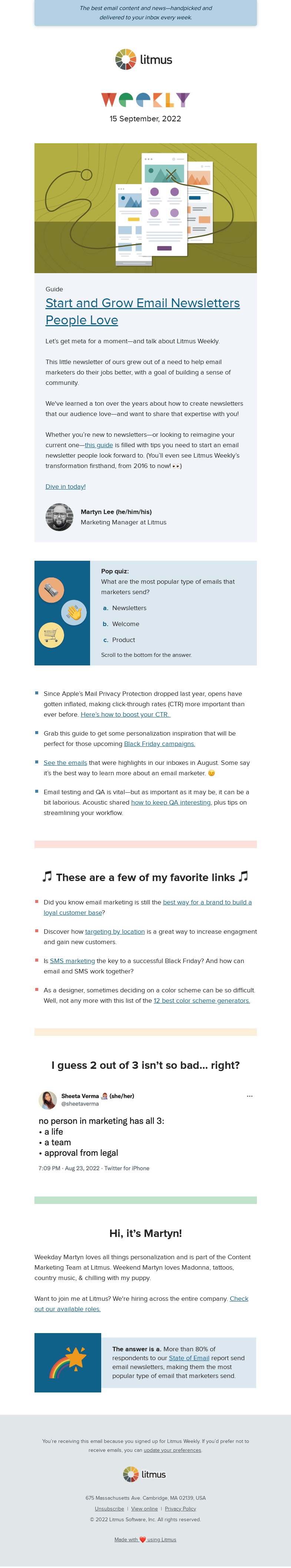 Письмо компании «Litmus» на тему «Tips for starting a newsletter, ideas to boost your CTR, Black
 Friday inspo, and more»