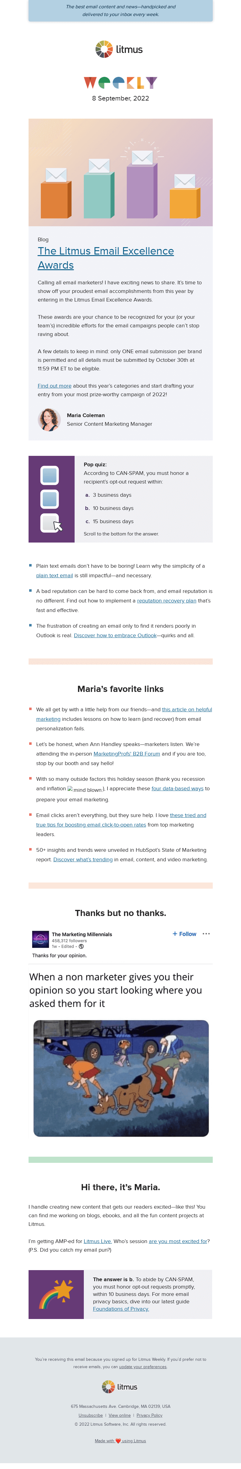Письмо компании «Litmus» на тему «Nominate your email, the joy of plain text emails, how to improve
 your email rep, and more»