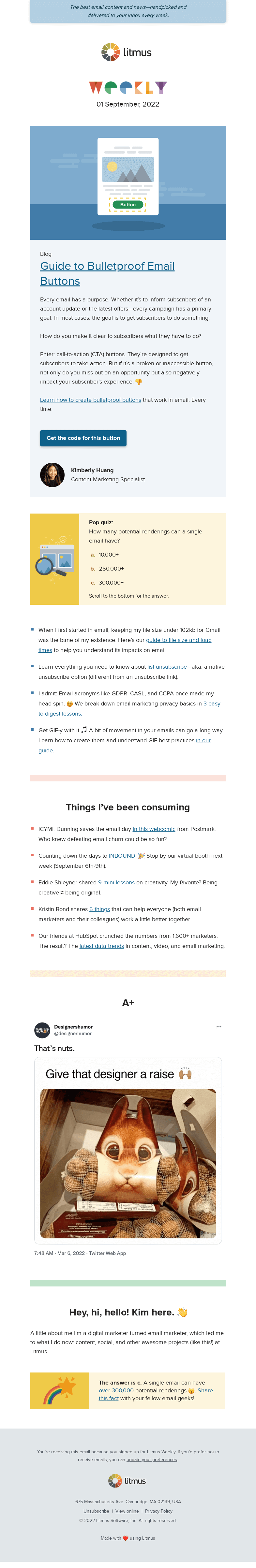 Письмо компании «Litmus» на тему «Create beautiful bulletproof buttons, understand email file size
 and load times, plus more»